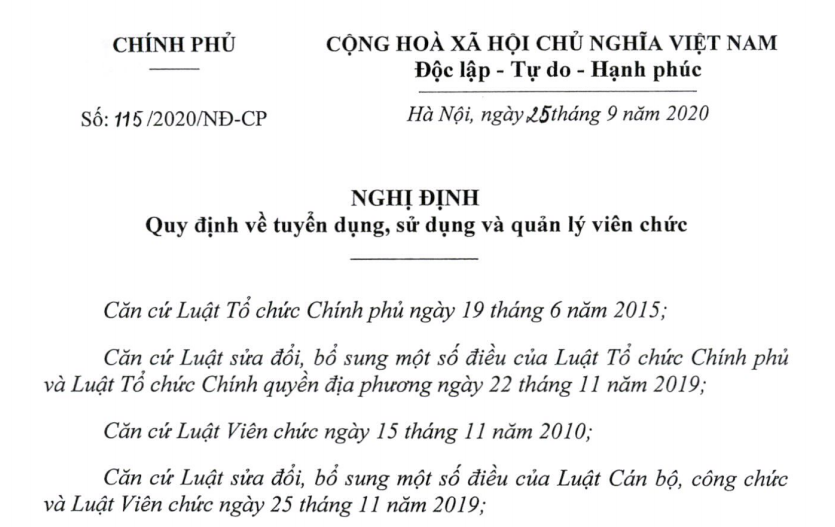 Đã có Nghị định 115/2020/NĐ-CP về tuyển dụng viên chức từ 29/9/2020