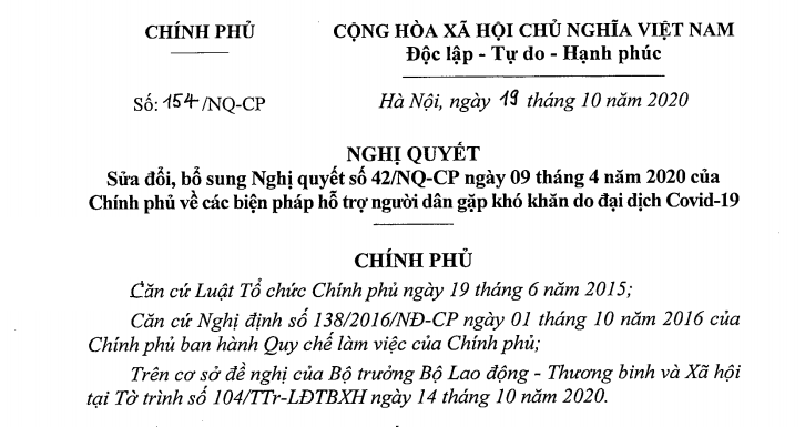 Ảnh chụp một phần Nghị quyết 154/NQ-CP: Thêm đối tượng được hỗ trợ do ảnh hưởng Covid-19