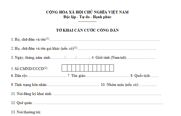 Tờ khai căn cước công dân CC01