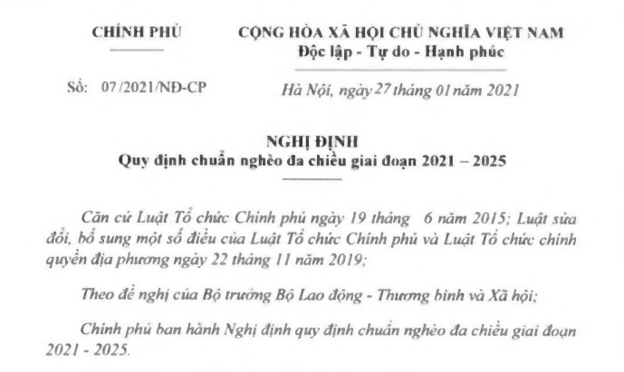 Nghị định 07/2021 về chuẩn nghèo đa chiều giai đoạn 2021-2025