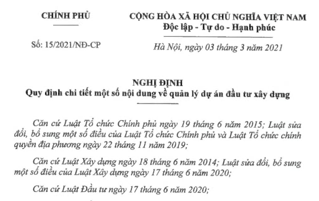 Nghị định 15/2021/NĐ-CP về quản lý dự án đầu tư xây dựng